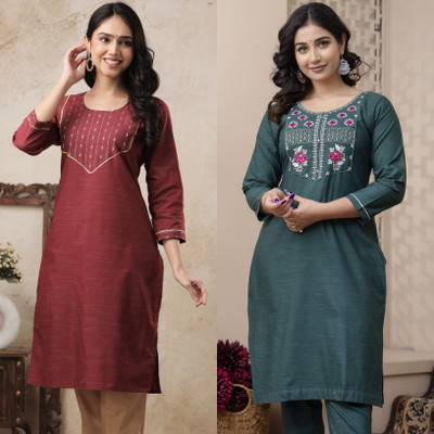AuzaSho Collection Women Embroidered Straight Kurta(Multicolor)