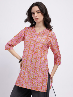Anouk Rustic Women Printed Straight Kurta(Pink, White)