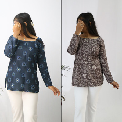 aanzri Women Printed A-line Kurta(Blue, Brown)