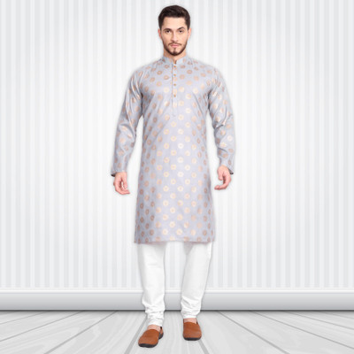Excent Men Geometric Print Straight Kurta(Grey)