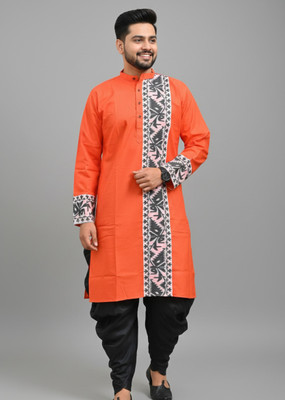 Chandra Men Woven Design Straight Kurta(Orange)