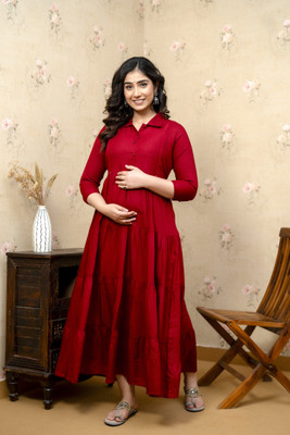 KIMATERNITY Women Solid Flared Kurta(Maroon)