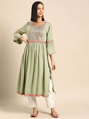 ANOUK Women Printed Anarkali Kurta(Green)
