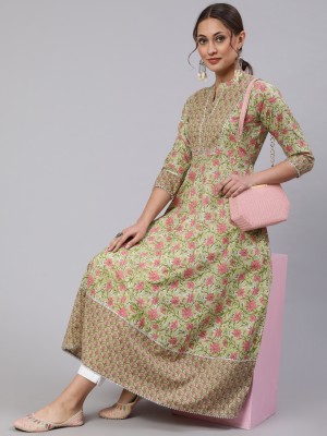 Navkriti Jaipur Women Floral Print Flared Kurta(Green)