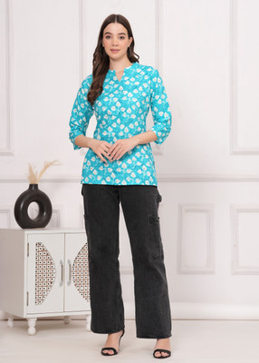 UT Venero Women Printed Flared Kurta(Light Blue, White, Pink)