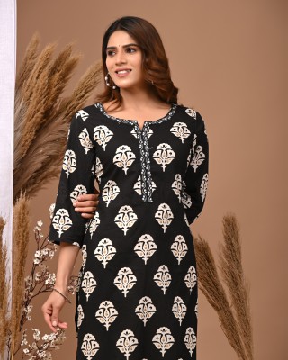 Rimeline Fashion Women Printed, Embroidered Straight Kurta(Black)