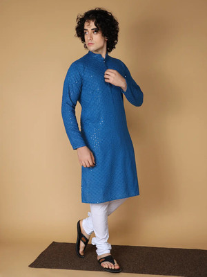 HET ENTERPRISE Men Embellished A-line Kurta(Blue)