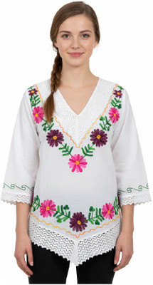Braziliantunic Women Embroidered, Floral Print, Solid Tunic Kurta(White)