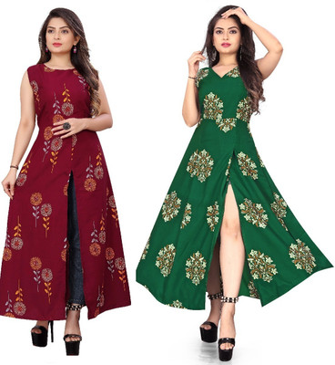 Hiral Creation Women Printed Frontslit Kurta(Green)