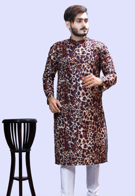 Tibra Collection Men Floral Print Flared Kurta(Brown, Beige, White)