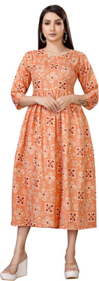 Vitan's Collection Women Printed Flared Kurta(Orange)