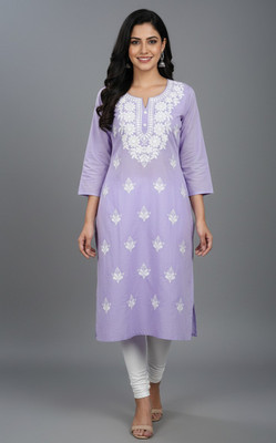 ABCALLECTION Women Embroidered, Chikan Embroidery Straight Kurta(Pink)