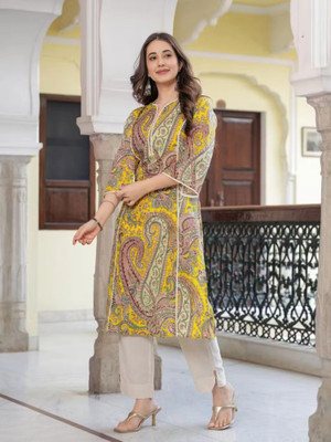 Anmi Printed Women Straight Kurta(Yellow)