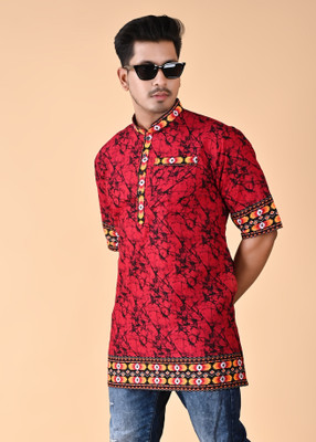 NFC CREATION Men Printed Straight Kurta(Pink)