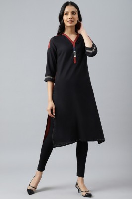 W Women Solid Straight Kurta(Black)