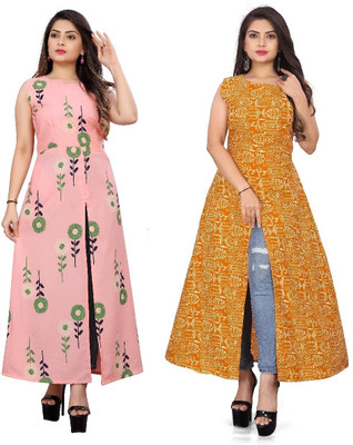 Hiral Creation Women Printed Frontslit Kurta(Orange)