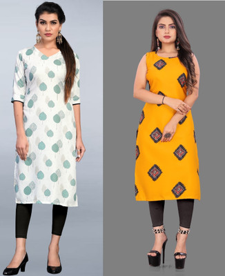 tanvi creation Women Printed Straight Kurta(Yellow, White)