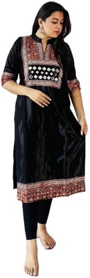Touch Of Kutch Women Patchwork, Printed Straight Kurta(Black)