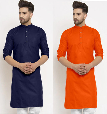 JENJEE FASHION Men Solid Straight Kurta(Blue, Orange)