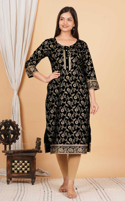 Rahul Fashion Women Printed Straight Kurta(Black)