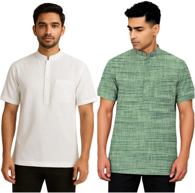 RSGARMENTS Men Self Design Straight Kurta(White, Dark Green)