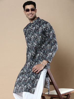 Sanwara Men Printed Straight Kurta(Black)