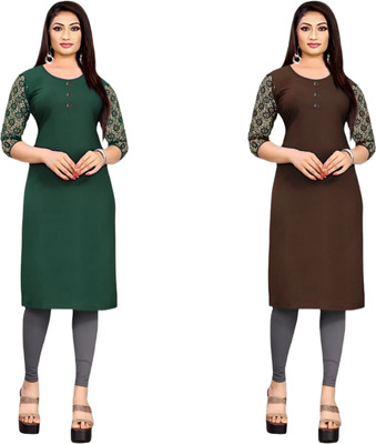HouseOfCommon Women Solid Straight Kurta(Dark Green, Brown)