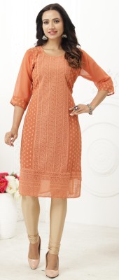 anushansa Women Chikan Embroidery Straight Kurta(Orange)