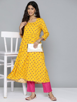 HERE&NOW Women Floral Print Straight Kurta(Black)