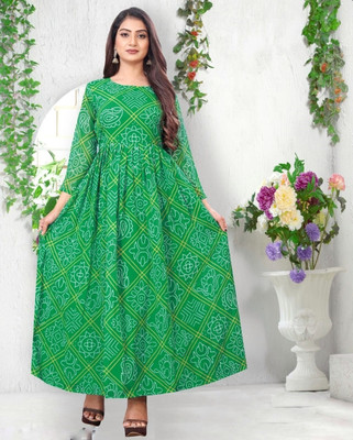 varni creations Women Abstract Anarkali Kurta(Green)