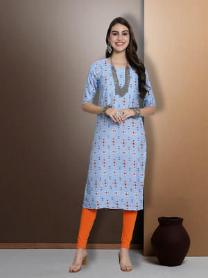 EthnicBasket Women Printed Straight Kurta(Light Blue)