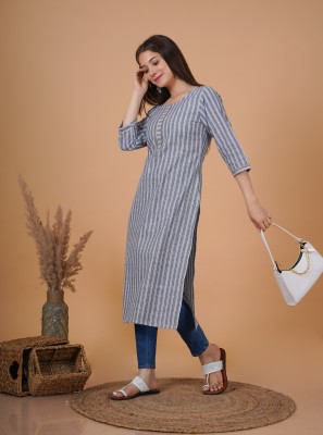 Rimeline Women Striped Straight Kurta(Grey, White)