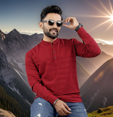 SHAJARA Men Self Design, Striped Straight Kurta(Maroon)