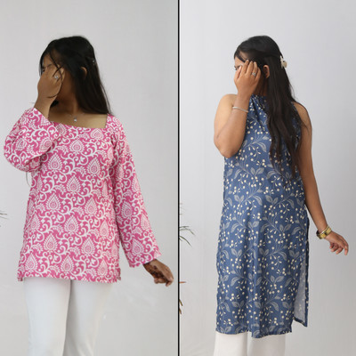 aanzri Women Printed, Paisley, Floral Print A-line Kurta(Pink, Blue)