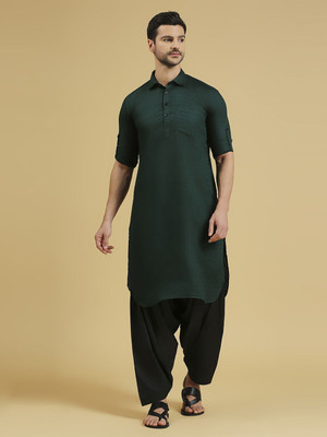 Rajubhai Hargovindas Men Self Design Pathani Kurta(Dark Green)