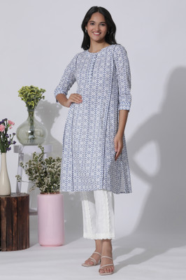 W Women Geometric Print Straight Kurta(White)