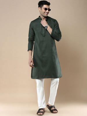 ANOUK Men Geometric Print Straight Kurta(Green)