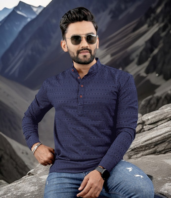 SHAJARA Men Self Design, Striped Straight Kurta(Dark Blue)