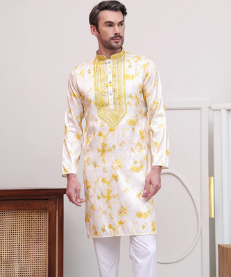 Jompers Men Geometric Print Straight Kurta(Yellow)