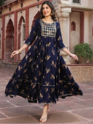 Weaveo Fashion Women Floral Print A-line Kurta(Blue)