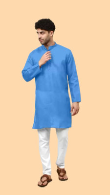 HouseOfCommon Men Solid A-line Kurta(Blue)