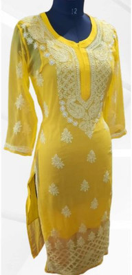 KKHENTPRS Women Chikan Embroidery Ethnic Dress Kurta(Yellow)