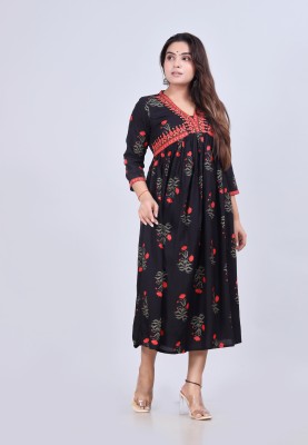 gobya Women Floral Print Flared Kurta(Black)