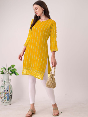 Moda Rapido Women Striped Straight Kurta(Yellow)