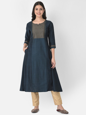 Span Women Self Design A-line Kurta(Dark Blue)