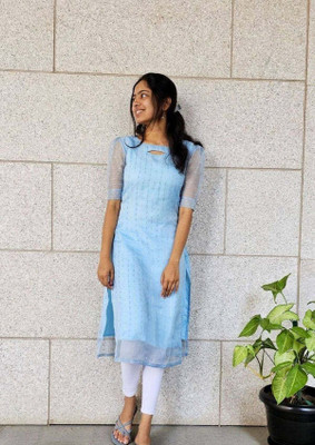 BOUGHT FIRST Women Self Design A-line Kurta(Blue)