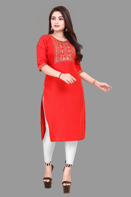 Jayshree Fab Women Embroidered, Solid A-line Kurta(Red)
