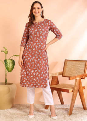 New Ethnic 4 You Women Floral Print Straight Kurta(Brown)