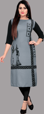 HouseOfCommon Women Printed Straight Kurta(Black, Grey)