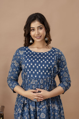 Tulsiram Women Printed Anarkali Kurta(Blue, Grey)